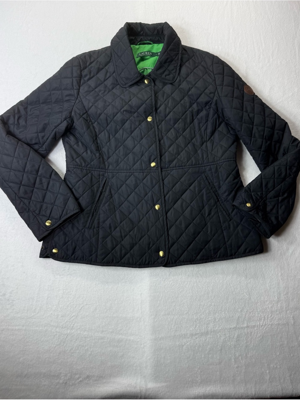 Lauren Ralph Lauren Women’s Large Black Quilted Jacket Green Lining Gold Snap - Picture 5 of 13